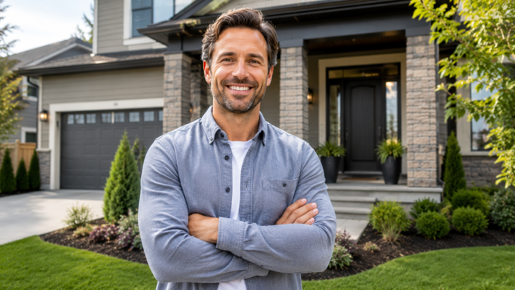 Happy homeowner standing in front of a home